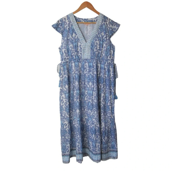 Azure Indigo Blue White Dress Small Blockprint Short Sleeves Tassel Sides Boho - Picture 1 of 11